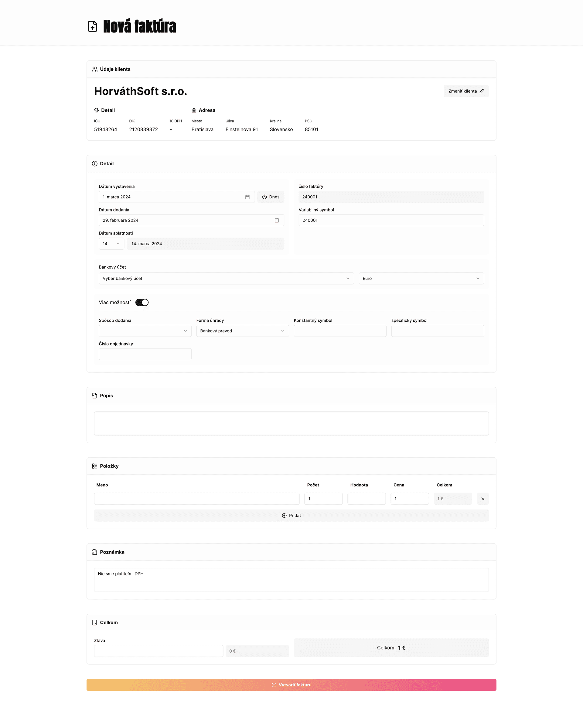 Finálny vzhľad faktúry, ktorú môžete odoslať klientovi priamo na e-mail. V prípade, že budete opakovane vystavovať rovnakú faktúru pomôže vám užitočná funkcia - duplikácia faktúr, ktorá uľahčuje proces vystavovania opakujúcich sa faktúr.